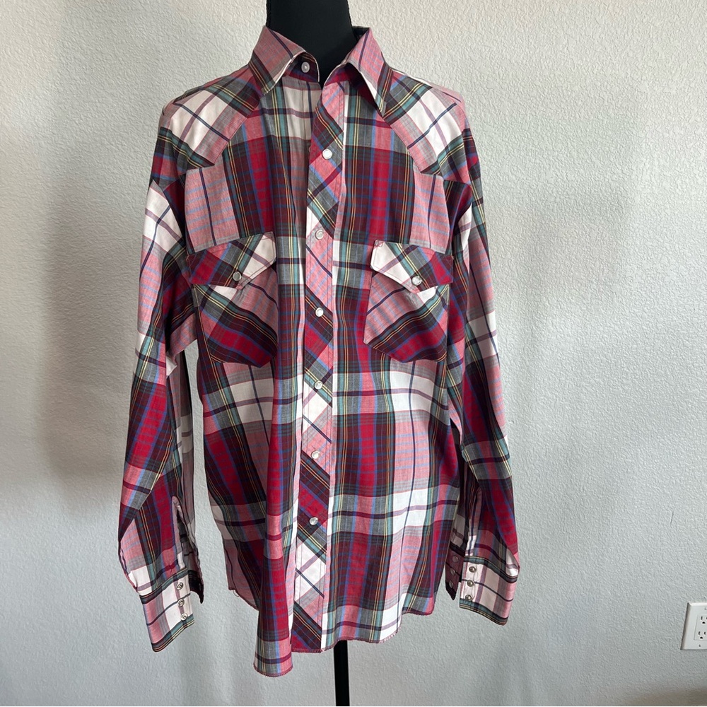 Wrangler Men's Pearl Snap Long Sleeve Plaid Shirt L 16-16 1/2
